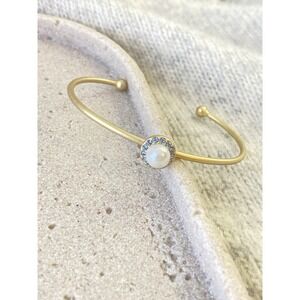 Gold Tone Cuff Bracelet Faux Opal Blue Rhinestone Open Bangle Feminine Matte